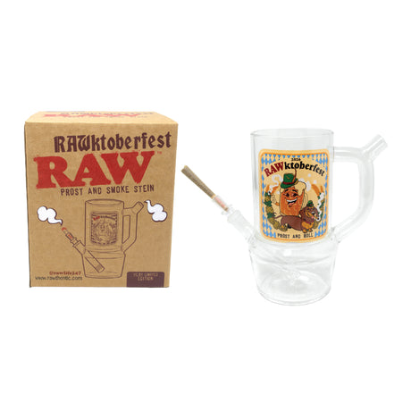 RAW RAWktoberfest glass stein with retail box, clear handle, cone adapter, and 2026 Prost and Roll art
