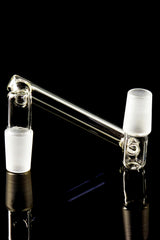 Close-up drop-down sidecar adapter for bongs featuring frosted 18.8 mm male joints and straight connector tube on a black backdrop.