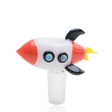 Rocket-themed glass bong bowl with 14.5 mm male joint, red and white body, black fins, and yellow flame detail on the tail.