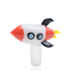 Rocket-themed glass bong bowl with 14.5 mm male joint, red and white body, black fins, and yellow flame detail on the tail.