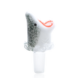 Shark-themed glass bong bowl with 14.5 mm male joint, open red mouth and white teeth, speckled gray body and splash accents near the base.