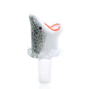 Shark-themed glass bong bowl with 14.5 mm male joint, open red mouth and white teeth, speckled gray body and splash accents near the base.