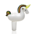White unicorn glass bong bowl with 14.5 mm male joint, rainbow mane and tail, and bright yellow horn on a glossy body.