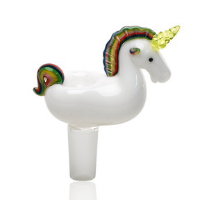 White unicorn glass bong bowl with 14.5 mm male joint, rainbow mane and tail, and bright yellow horn on a glossy body.