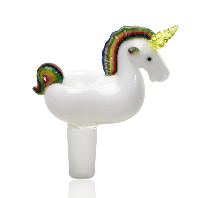 White unicorn glass bong bowl with 14.5 mm male joint, rainbow mane and tail, and bright yellow horn on a glossy body.