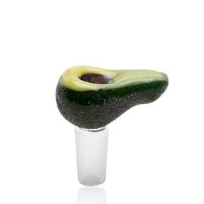 Side view of avocado glass bong bowl showing pebbled rind texture and 14.5 mm male ground-glass connector.