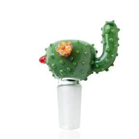 Green cactus-themed glass bong bowl with 14.5 mm male joint and textured nubs; US-made Empire Glassworks accessory shown on white.
