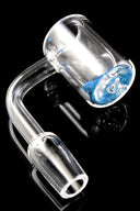 Thermochromic quartz banger with blue crystals in the bucket, domeless cup, 14.5 mm male joint and 90° neck on black.