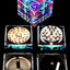 Psychedelic art cube 4-part herb grinder, silver diamond teeth, 50mm with mesh screen and catch chamber, vivid neon design
