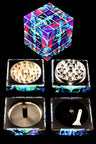 Psychedelic art cube 4-part herb grinder, silver diamond teeth, 50mm with mesh screen and catch chamber, vivid neon design