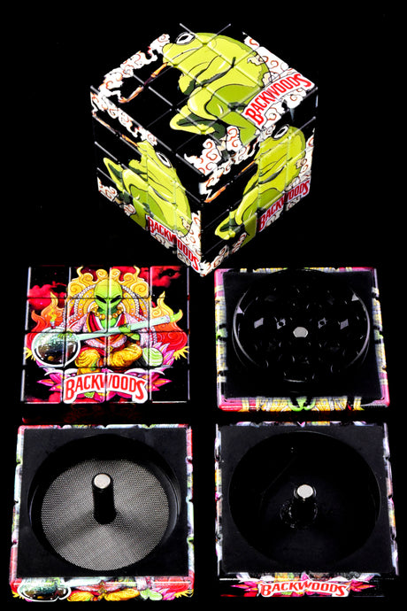 Green alien Backwoods cube 4-part herb grinder, 2″ (50mm) with sifter screen and catch chamber, selectable style artwork