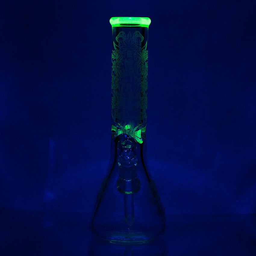 (US Made) Thick Sandblasted Glass on Glass Frosty Floral Beaker Water Pipe - WP2806