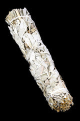 Nine-inch California white sage bundle tied with cotton string on black backdrop highlighting dense leaves.