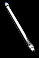 Single clear-core glass pencil dabber featuring white frit interior, blue “eraser” cap, and fine glass point, photographed on black backdrop.
