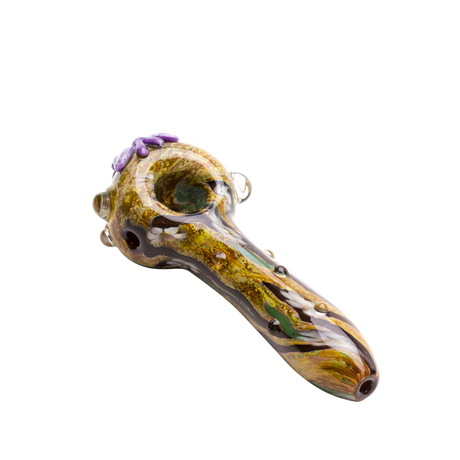 Front view of butterfly glass hand pipe with wood-grain tones, glossy marbles, and sculpted purple appliqué