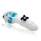 Side profile of 4½″ glass hand pipe showing aqua ice-like marbles and penguin-themed details