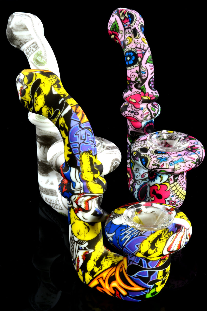 Decal Print Silicone Sherlock Hand Pipe with Glass Bowl - P2114