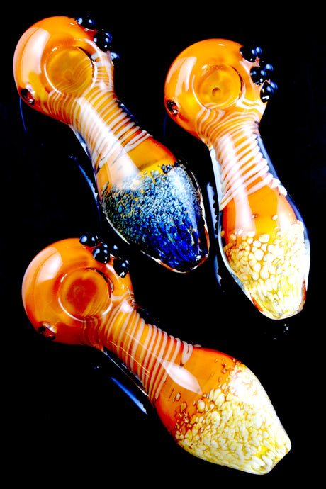 4.5" Thick Gold Fumed Striped Frit Glass Pipe - P2603