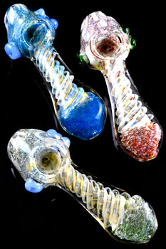 Thick Silver Fumed Spiral Striped Frit Glass Pipe - P2772