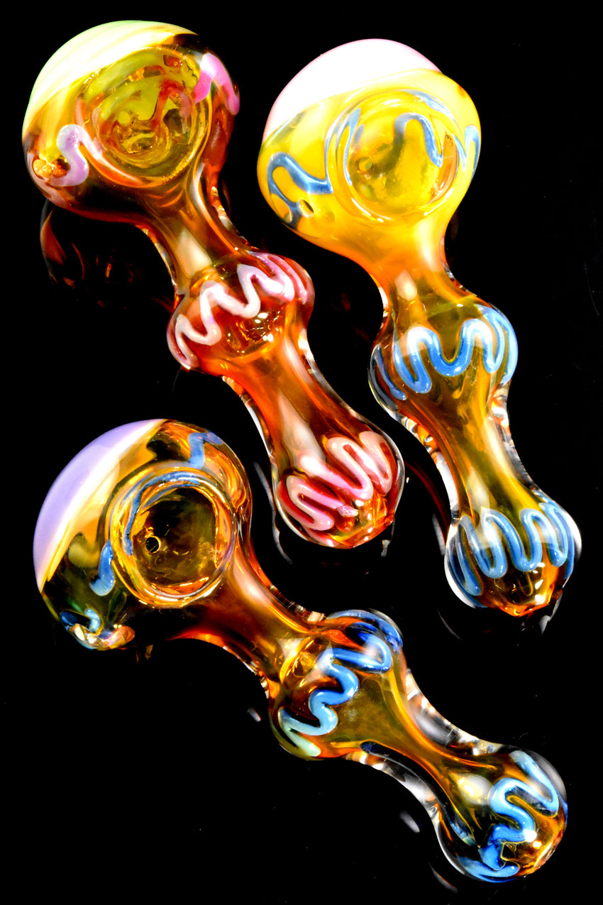 Gold Fumed Squiggle Striped Slime Glass Pipe - P2807