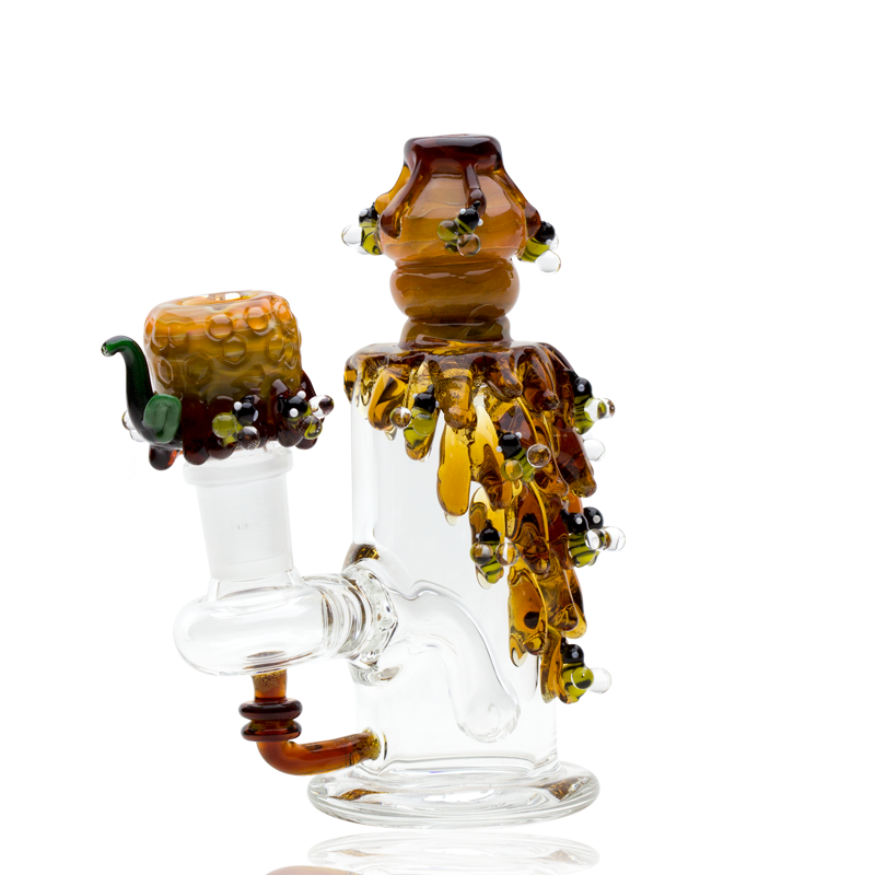 Side view of 5½″ glass rig with mini beaker base, stemless arm, honey-drip details, and bee artwork