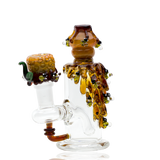 Side view of 5½″ glass rig with mini beaker base, stemless arm, honey-drip details, and bee artwork