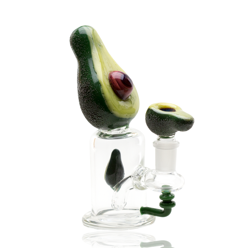 Side profile of 7″ glass mini rig with avocado mouthpiece, green coil joint, and 14.5 mm female connection