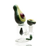 Side profile of 7″ glass mini rig with avocado mouthpiece, green coil joint, and 14.5 mm female connection