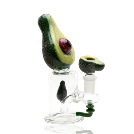 Side profile of 7″ glass mini rig with avocado mouthpiece, green coil joint, and 14.5 mm female connection