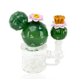 Cactus glass mini rig with green orb body, pink flowers, amber mouthpiece, and 14.5 mm female joint