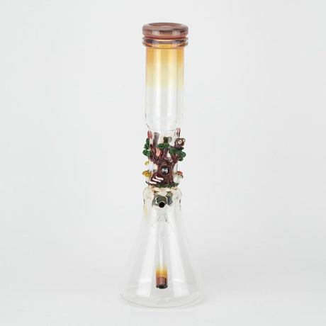 Top angle of fumed mouthpiece and triple-pinch ice catcher of 14-inch beaker bong, demonstrating spacious neck for chilled hits