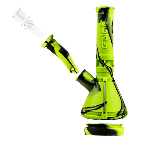Green camo Eyce Mini Beaker taken apart showing bowl, percolated downstem, and hidden base storage cap