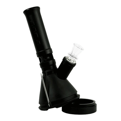 Black Eyce Mini Beaker silicone bong with glass bowl and removable base container, angled studio photo