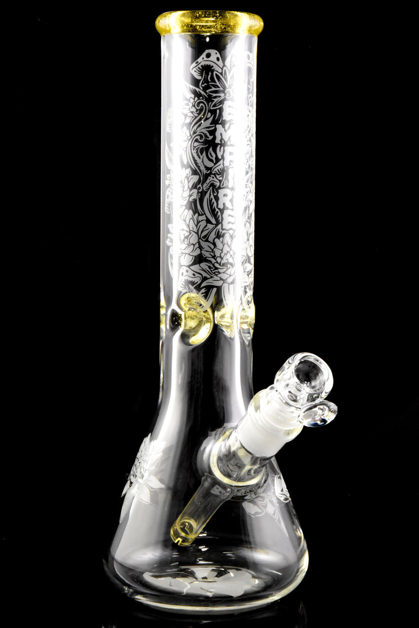 (US Made) Thick Sandblasted Glass on Glass Frosty Floral Beaker Water Pipe - WP2806